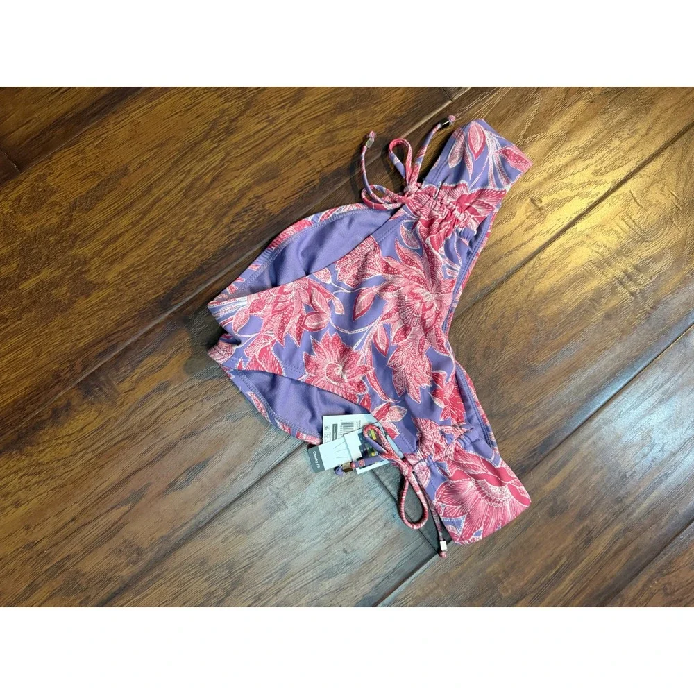 Time and Tru Bikini Bottom Womens L Purple Pink Floral Ruched Low Rise Cheeky